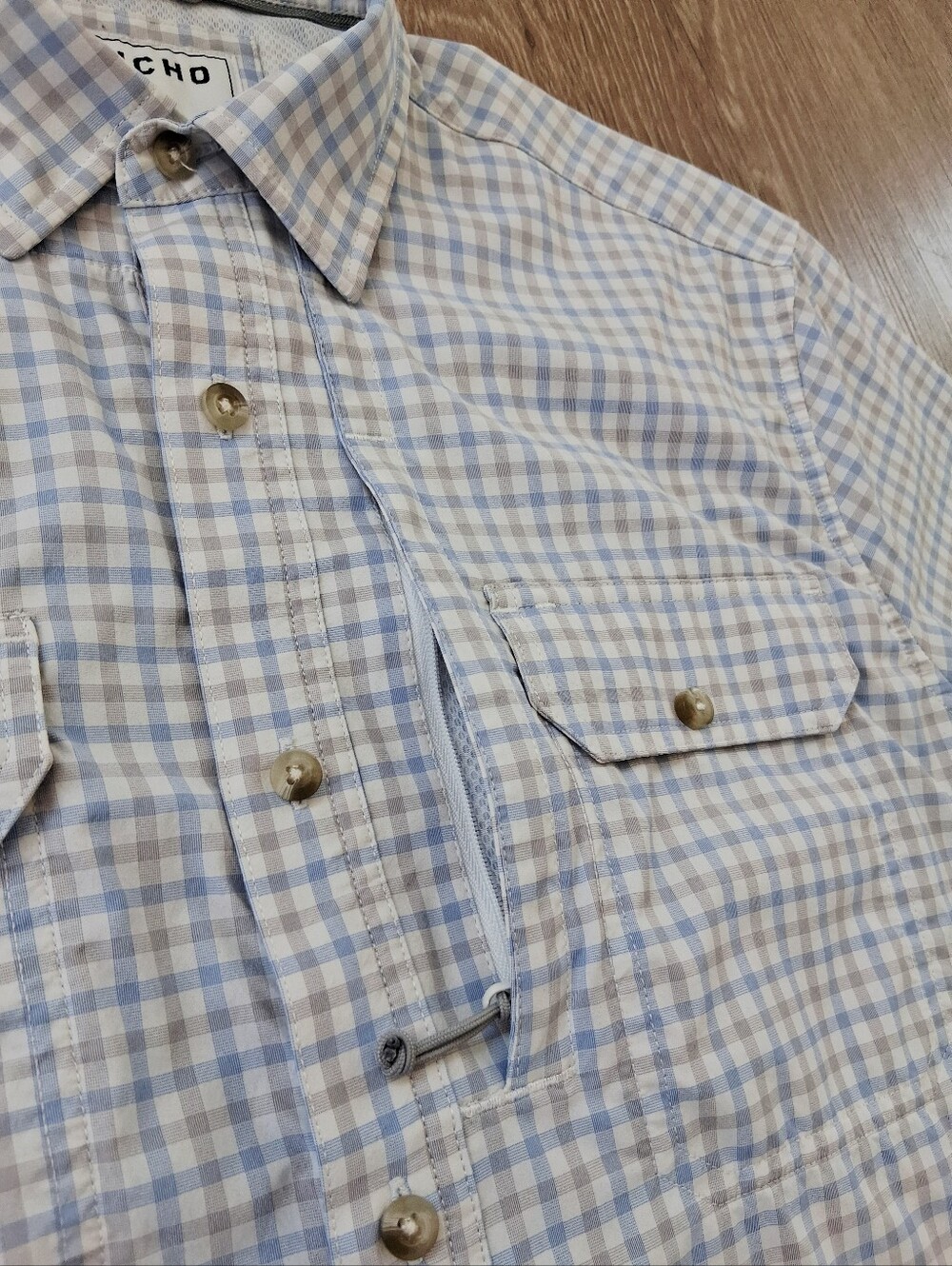 Poncho The Channel Cat Original SS Shirt Blue And Grey Plaid Performance Nylon - Picture 9 of 15
